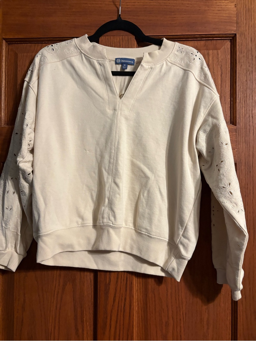 Democracy Cream Eyelet Sleeve Notch-Neck Pullover